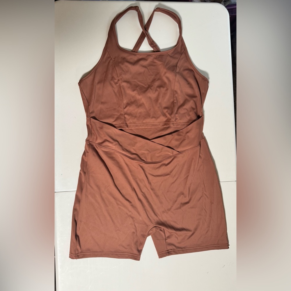 CTU Athletic Romper Rust Brown Workout Biker Short Bodysuit Built-In Bra NWT